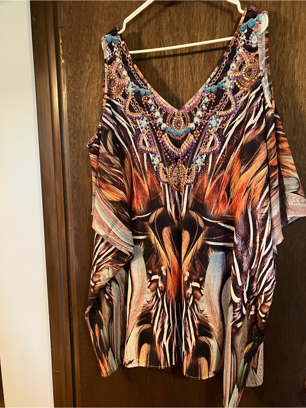 Avenue Multicolor Embellished V-Neck Cold-Shoulder Tunic